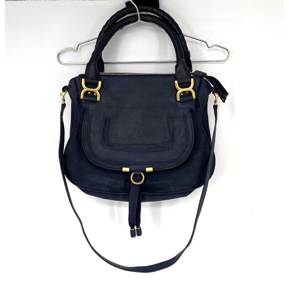 Chloe Marcie Graphite Suede Calfskin Satchel Medium Navy Blue Double Carry Bag - Picture 1 of 16